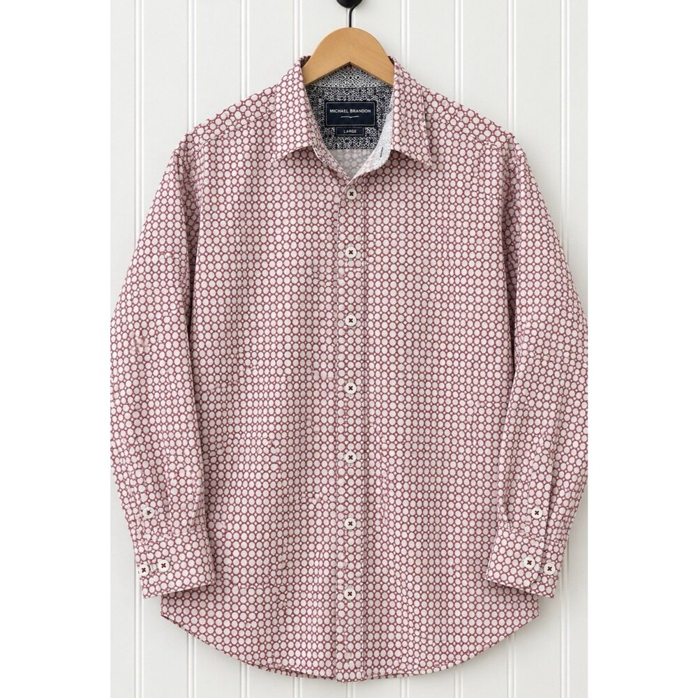 Michael Brandon Men's Large Pale Red White 100% Cotton Button Down Shirt